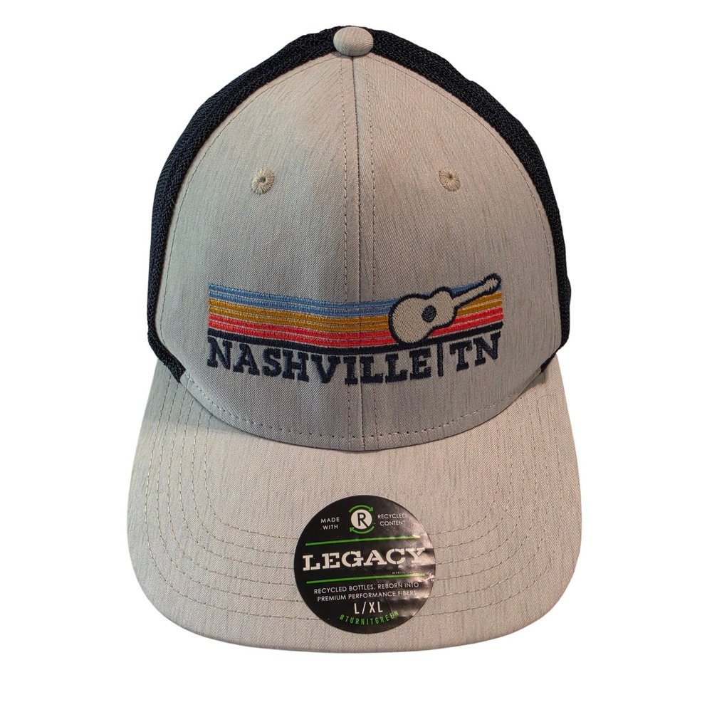 Legacy Nashville TN Trucker Hat Grey Navy Blue Mesh Embroidered Guitar L/XL NEW